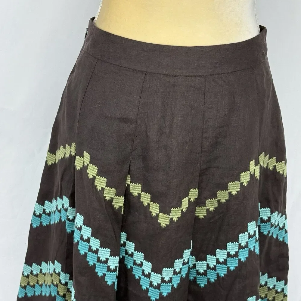 Ann Taylor LOFT Women Brown Linen Pleat Skirt Embroidered Pattern Size 2P Linen